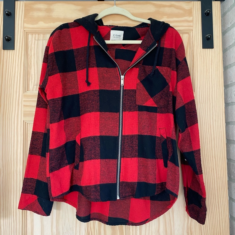 Hooded zip up red buffalo check shirt